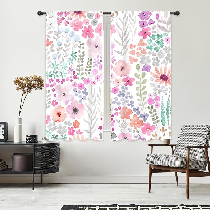 Riyidecor Purple Floral Colorful Curtains Cute Watercolor Flowers Leaves Plants Leaves Girly Botanical Modern Rod Pocket Preppy Funny Bedroom Living Room Treatment Fabric 2 Panels 42Wx63H Inch