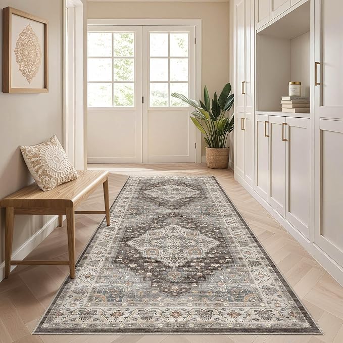 Runner Rug Kitchen Washable Rugs: 3x10 Non-Slip Boho Vintage Stain Resistant Indoor Neutral Farmhouse Throw Carpet for Hallway Bathroom Laundry Room Entryway Bedroom- Grey Brown