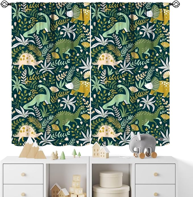 YCness Tropical Dinosaur Curtains for Boys Girls Children Nursery Playroom Room Decor Cute Cartoon Dino Flowers Art Printed Window Drapes Decor Fabric Set 2 Panel 55x63 Inch 80% Shading Rate