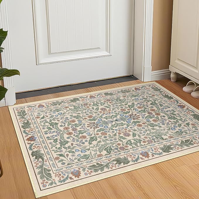 2x3 Washable Area Rug Floral Beige Entryway Small Rug Vintage Forest Low Pile Non Slip Stain Resistance Soft Carpet for Kitchen, Bedroom Beside, Laundry Room, Office Rug, Kids Room, Nursery Room