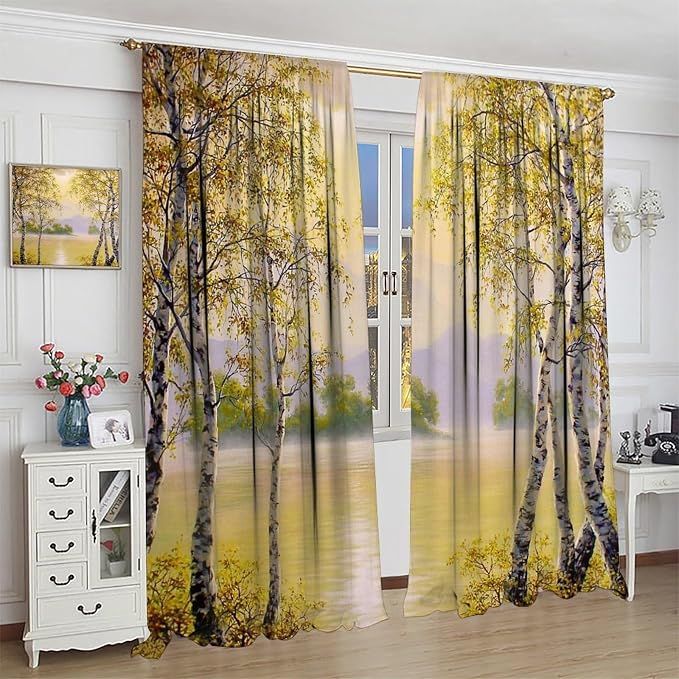 Forest Curtains, Yellow Countryside Nature Foggy Autumn River Birch Forest Falling Leaves Blackout Window Treatments, Thermally Insulated Drapes for Boys Girls Living Room Bedroom 42x54in