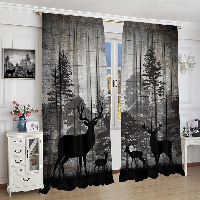 Retro Animal Blackout Curtains Vintage Grey Old Forest Deer Hunting Lodge Windows Treatments Rod Pocket for Kitchen Living Room Bedroom 52x84in