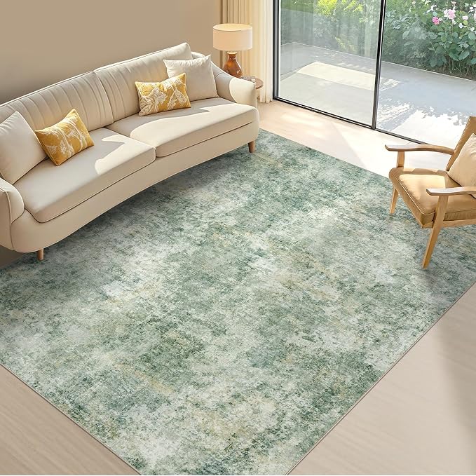 Tortania Washable 6x9 Area Rug for Living Room: Modern Abstract Neutral Large Soft Thin Rugs - Non Slip Indoor Carpet for Bedroom Dining Room Office Nursery Home Floor Decoration - Olive Green