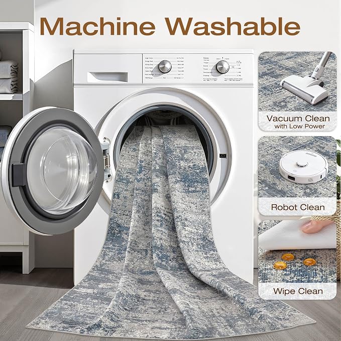 10x12 Area Rug Living Room: Washable Large Neutral Rug Abstract Soft Modern Stain Resistant Indoor Floor Non-Slip Carpet for Bedroom Nursery Kids Office Playroom Dining Room Under Table- Blue Gray