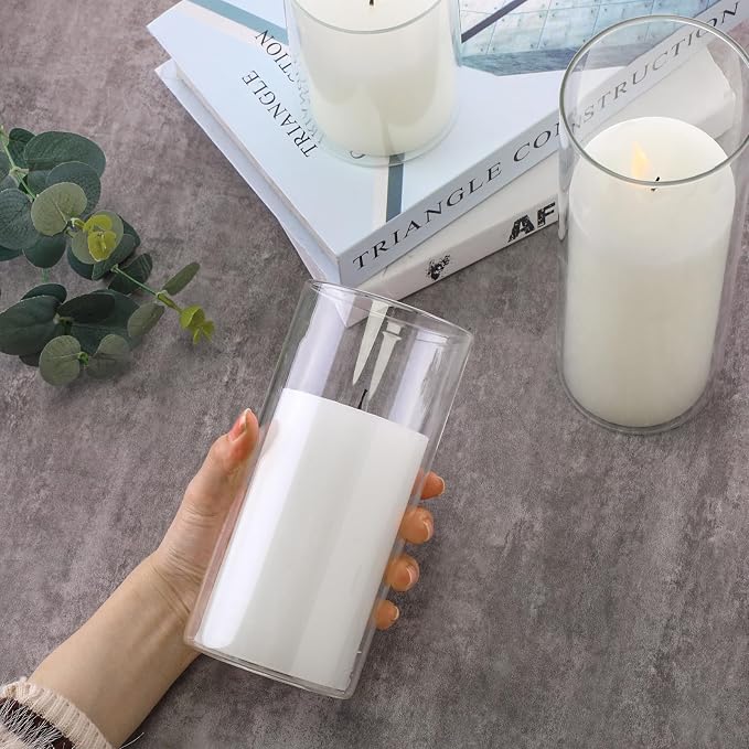 Shihanee Set of 3 Pillar Candles and 3 Glass Cylinder Candle Vases Holders Clear Pillar Jars for Wedding Centerpieces(3.4'' X 7, 9.8, 11.8,White)