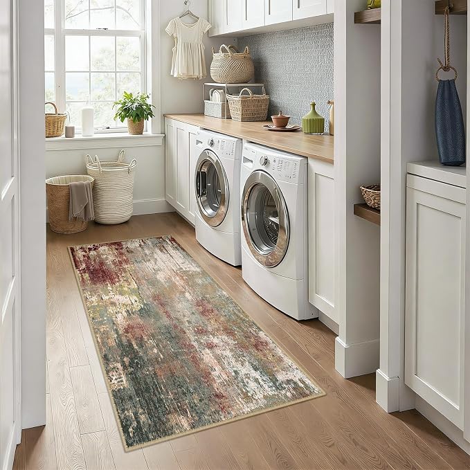 RELEANY Washable Area Rugs 3x6 Non-Slip Modern Abstract Soft for Living Room Entryway Bedroom Kitchen, Print Pattern, Brown Rust Red Green Blue Multi