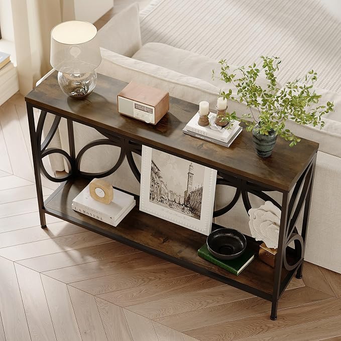 GiftGo Narrow Sofa Table 47.2 Inch, Industrial Sofa Table Behind Couch, Vintage Entry Console Table with Storage for Entryway, Living Room, Foyer, Elegant Design (Rustic Brown, 47.2)