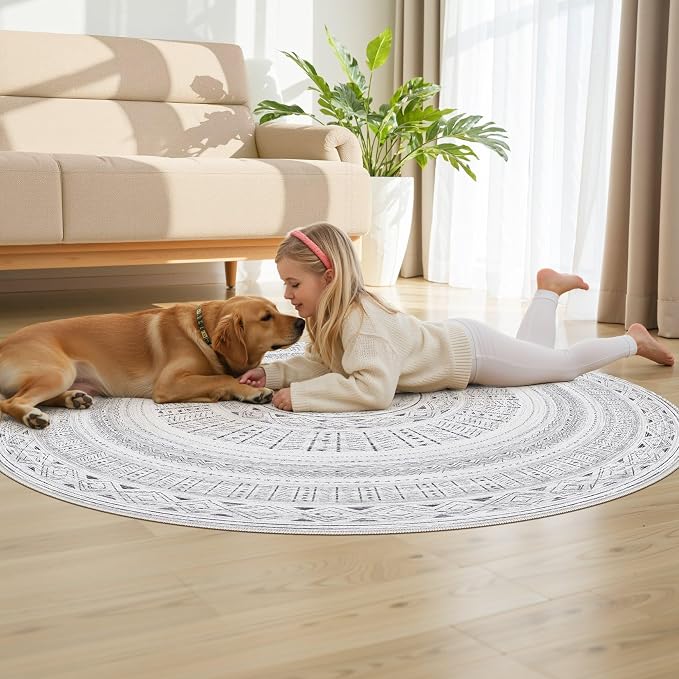 cotiled 5x5 Round Area Rugs Living Room Rug: Washable Boho Rugs with Non Slip Backing Large Soft Indoor Stain Resistant Carpet for Bedroom Farmhouse Dining Room Lightweight Home Decor Dark Grey