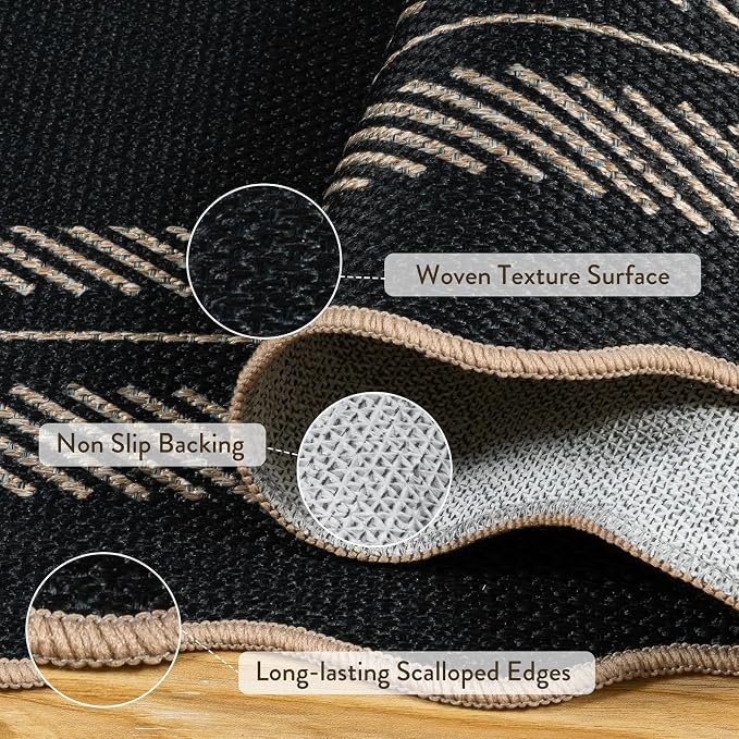 LIVEBOX Scalloped Easy Jute 2x3 Front Door Mat Black Kitchen Rug, Washable Small Indoor Outdoor Rug for Entryway, Tan Non Slip Farmhouse Area Rugs, Neutral Carpet Doormat for Porch Doorway Foyer