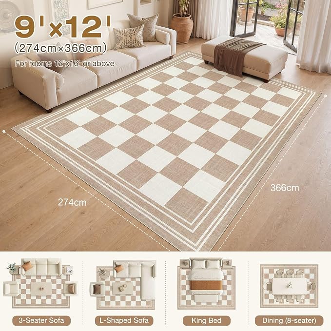 cotiled Washable Area Rugs 9x12 Living Room | Non Slip Backing, Stain Resistant, Pet Friendly, Large Neutral Soft Indoor Carpet For Bedroom, Nursery, Office, Khaki/Brown