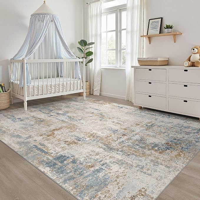 7x10 Area Rug Living Room: Washable Large Neutral Rug Abstract Soft Modern Stain Resistant Indoor Floor Non-Slip Carpet for Bedroom Nursery Kids Office Playroom Dining Room Under Table- Blue Brown