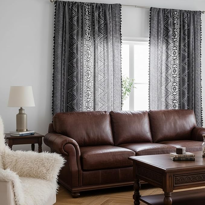 ColorBird Boho Curtains Grey Farmhouse Light Filtering 63 Inch 2 Panles MCM Western Striped Aztec Window Treatment Patterned Drapes for Living Dining Room Bedroom Kitchen Boho Chic Decor