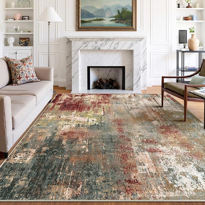 RELEANY Washable Area Rugs 5'x7' Non-Slip Modern Abstract Soft for Living Room Entryway Bedroom Kitchen, Print Pattern, Brown Rust Red Green Blue Multi