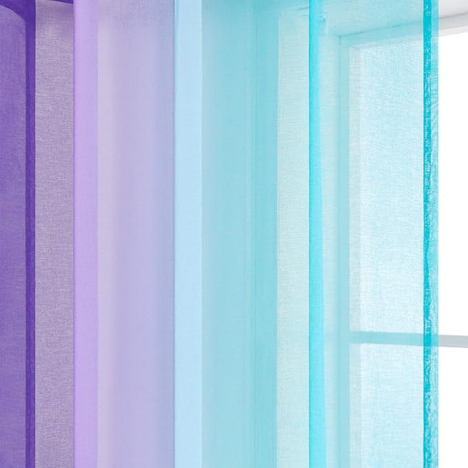KOUFALL Short Sheer Curtains 45 Inch Length for Bathroom Decor Set of 2 Panels Rod Pocket Half Small Ombre Rainbow Colorful Curtains for Kitchen Windows Bedroom Light Purple and Aqua Teal Turquoise