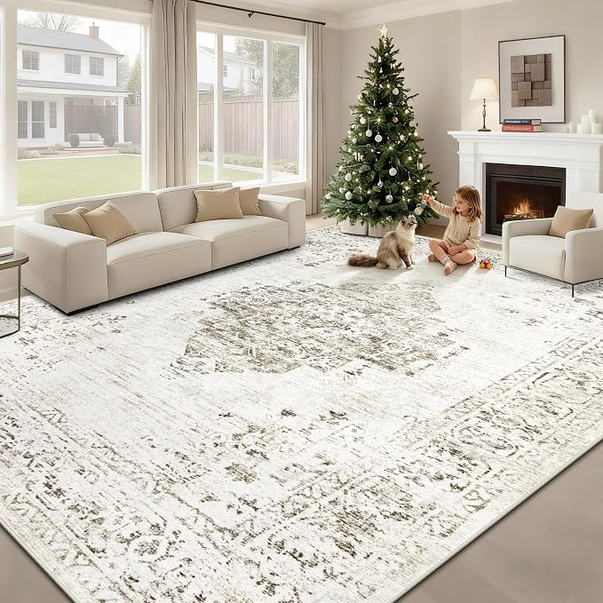 9x12 Area Rugs for Living Room: Washable Vintage Large Retro Rug Soft Non-Slip Indoor Low Pile Carpet for Bedroom Dining Room Office (Taupe, 9' x 12')