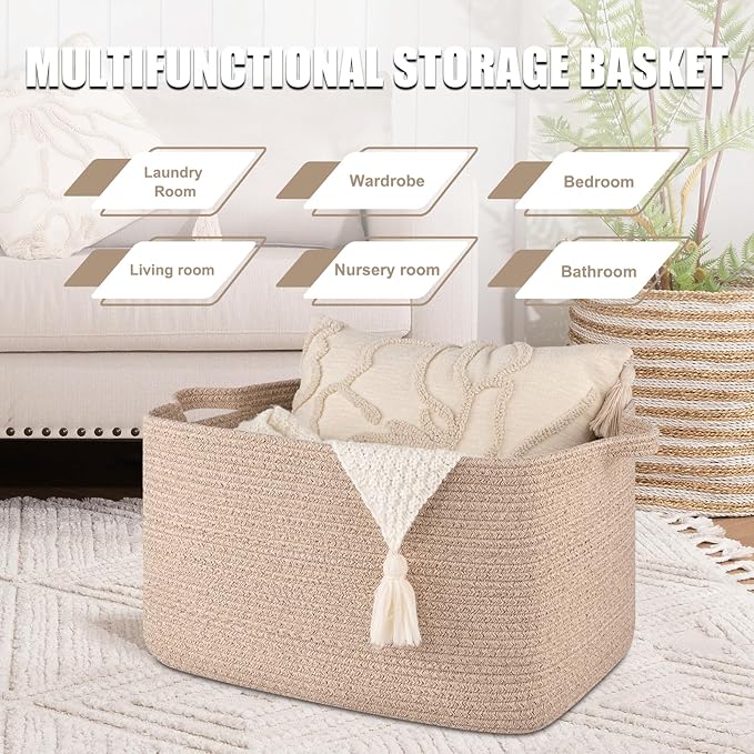 65L Cotton Rope Large Blanket Basket (19.7"x15.7"x11.8") for Living Room, Kids Room & Laundry, Storage Basket with Handle for Organizing Blankets, Pillows, Clothes & Toys, Brown
