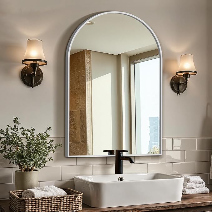 Bathroom Vanity Mirror for Wall, 30”x20” Arched Bathroom Mirror for Over Sink, Arched Metal Frame for Bedroom, Living Room, Entryway, Hanging or Leaning, Silver