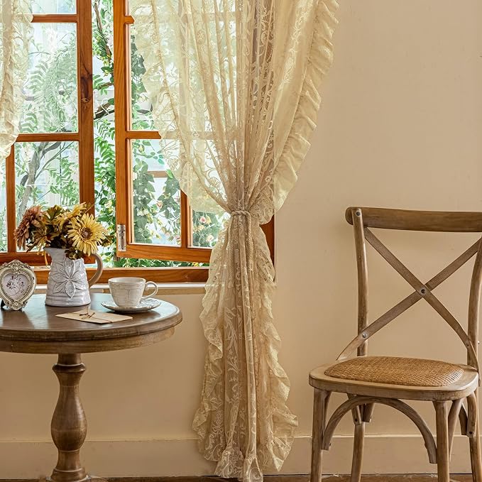 TUDECO Beige Floral Curtains 108 Inches Long - Fancy Lace Sheer Curtains for Dining Room, 60s 70s Retro Flower Ruffle Privacy Embroidered Extra Long Window Treatment Spring Summer Decor, 59 x 108 Inch