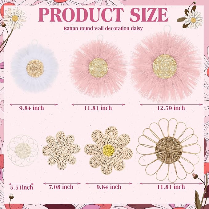 Chunful 7 Pcs Boho Wall Basket Decor Rattan Flower Wall Decor Nursery Daisy Flower Woven Macrame Hanging Flowers for Baby Kids Girls Farmhouse Bedrooms Living Rooms Kitchen Home(Pink)