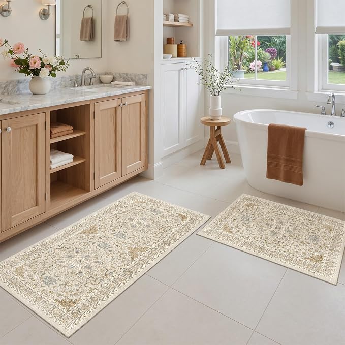 Madane 2-Piece Area Rugs Set, Small Kitchen Runner Non-Slip, Beige/Blue | Rug Runners Vintage Door Mat Indoor Entrance, Low Pile Floor Carpet for Inside Front Bedroom Entryway Entry Laundry 2x3+2x4