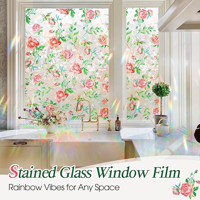 Coavas Window Privacy Film, Rainbow Stained Glass Decorative Window Clings, Anti-UV Heat Control Static Cling, Non-Adhesive Windows Tint for Home Bathroom Door, 23.6 x 78.7 Inches