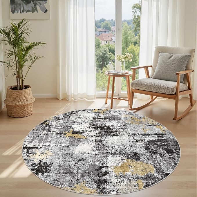 Abstract 5FT Round Rug: Machine Washable Non Slip Ultra Thin Low-Pile Carpet, Soft Stain Resistant for Living Room Bedroom Nursery, Kid Pet Friendly, Robot Vacuum Compatible - Black Gold