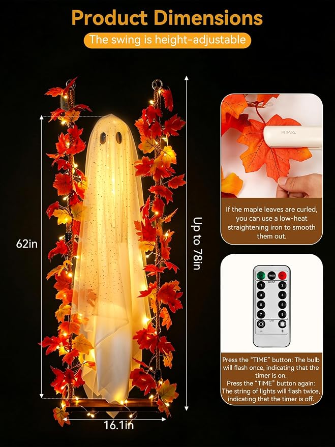AYGXU Halloween Decorations Outdoor Indoor-5.3ft Hanging Ghost Decor with a Maple Leaf 6.6ft Swing,Ghost Light,Halloween Decor for Tree,Yard,Porch,Garden