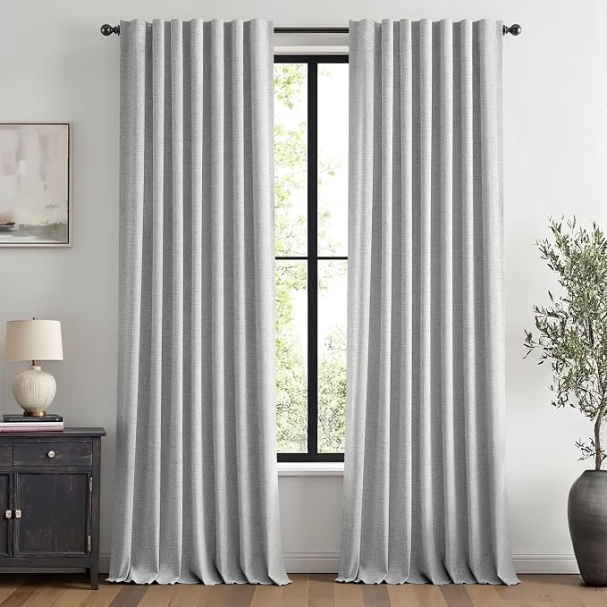MIULEE 100% Blackout Linen Curtains for Bedroom, Grey Solid Luxury Decor Thermal Insulation Room Darkening Drapes for Living Room Back Tab Rod Pocket 42 x 96 Inches, 2 Panels