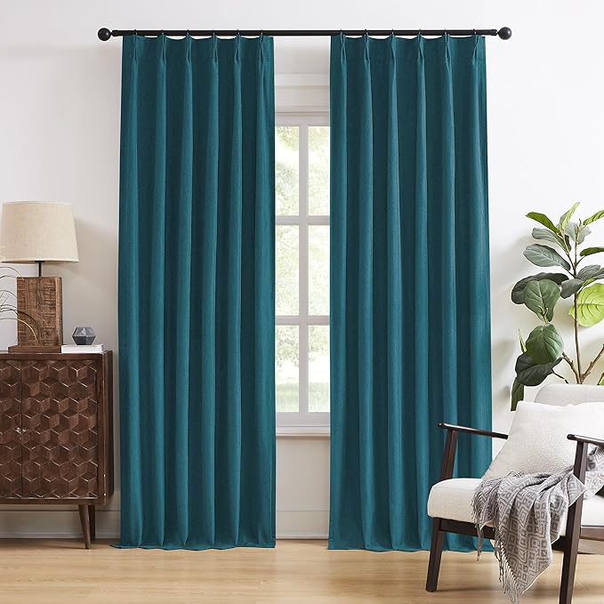 DUALIFE Dark Teal Blue Pinch Pleated Blackout Curtains 84 Inches Long, Back Tab with Hooks, Linen Full Black Out Thermal Insulated Track Curtain for Bedroom Living Room,40 Wx84 L, 2 Panels