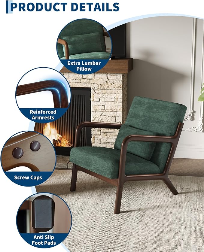 Garvee Mid-Century Chenille Accent Chair Set of 2, Cozy Reading Chair, Modern Lounge Armchair with Lumbar Pillow, Sturdy Wood Frame, for Living Room, Bedroom, Office, Green