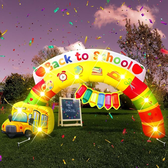 VIHOSE Back to School Inflatable Rainbow Arch, 6.5 FT Width Welcome Arch with School Bus Crayon Design,Built in LED Lights for Entrance Classroom Party