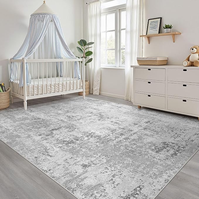 10x14 Area Rugs Living Room: Washable Large Neutral Rug Abstract Soft Modern Stain Resistant Indoor Floor Non-Slip Carpet for Bedroom Nursery Kids Office Playroom Dining Room Under Table- Light Gray
