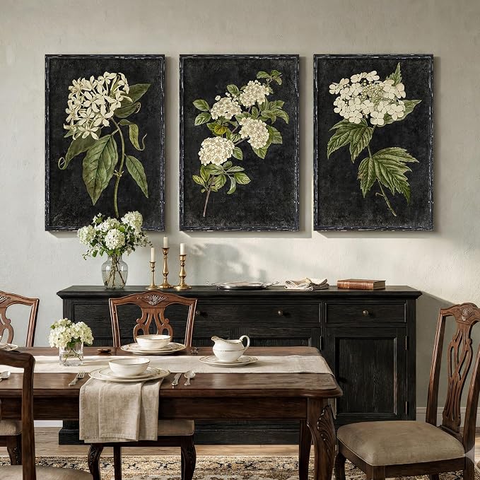 Vintage Framed Hydrangea Floral Wall Art for Living Room, 3 Piece Large Retro Botanical Canvas Print Paintings, Dark Black Classic Flower Pictures Artwork Decor for Bedroom Hallway 24x36 Inch