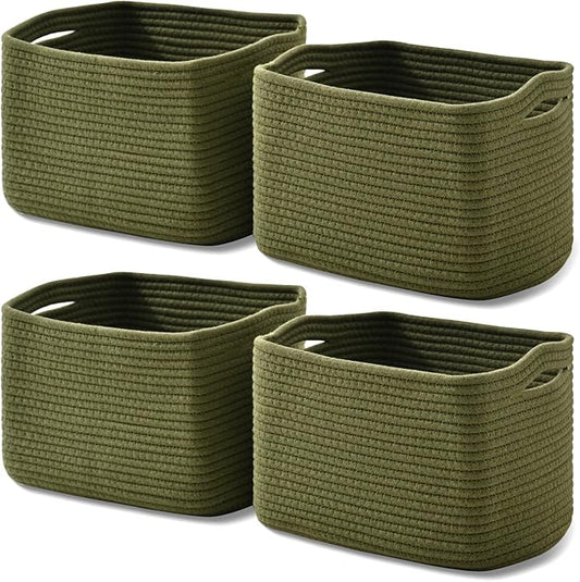ICERZCZ Storage Basket for Shelves, Small Baskets for Organizing, Woven Cotton Rope Baskets for Storage, Book Basket, Decorative Shelf Basket, 12.5"Lx9.1''Wx7.9''H (4 Packs) Green