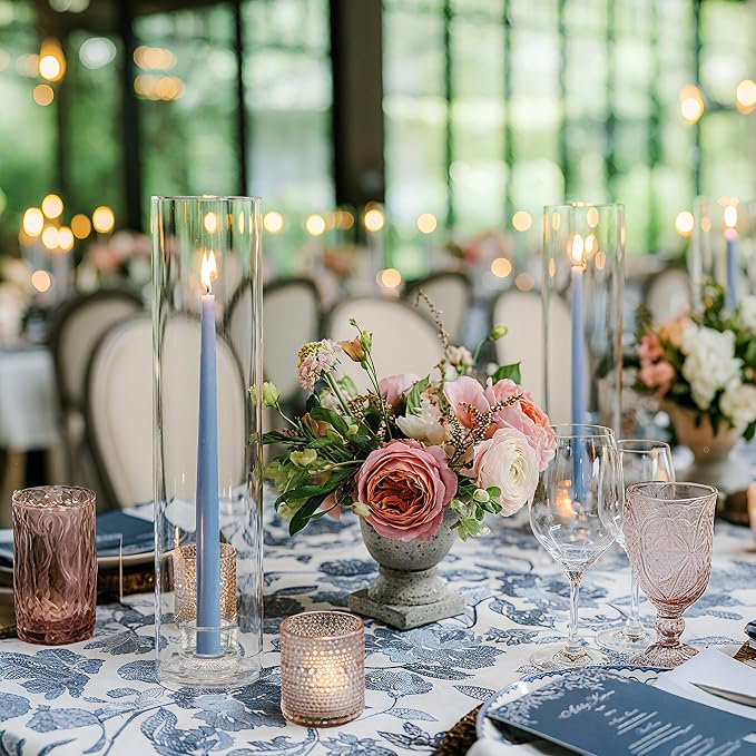Hurricane Candle Holder Thickened Cylinder Covers Short Taper Candle Sticks Holder 2.5" D × 11" H Glass Tall Candlesticks Holders Centerpiece for Wedding Dining Table, 4 Pcs