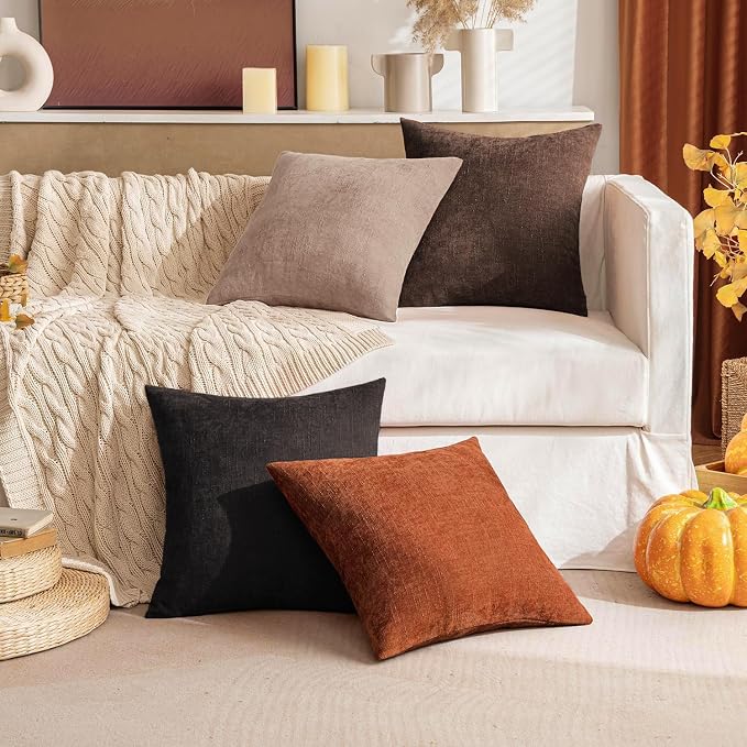 MIULEE Pack of 2 Decorative Throw Pillow Covers Soft Chenille Throw Pillows Solid Textured Cushion Covers for Couch Sofa Bedroom Living Room 22x22 Inch,Red Brown