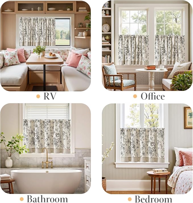jinchan Linen Kitchen Curtain 24 Inch French Floral Double Layer Curtain Farmhouse Vintage Tier Drape Rustic Half Window Curtain for Living Room Window Treatment Rod Pocket 1 Panel Black on Beige