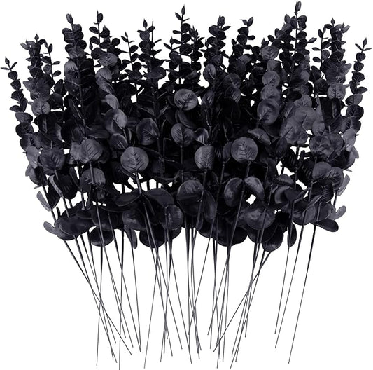 FEQO 36 Pcs Black Eucalyptus Stems Artificial Leaves Faux Eucalyptus Stems Branches 15 inch for Wedding Bouquet Home Decor