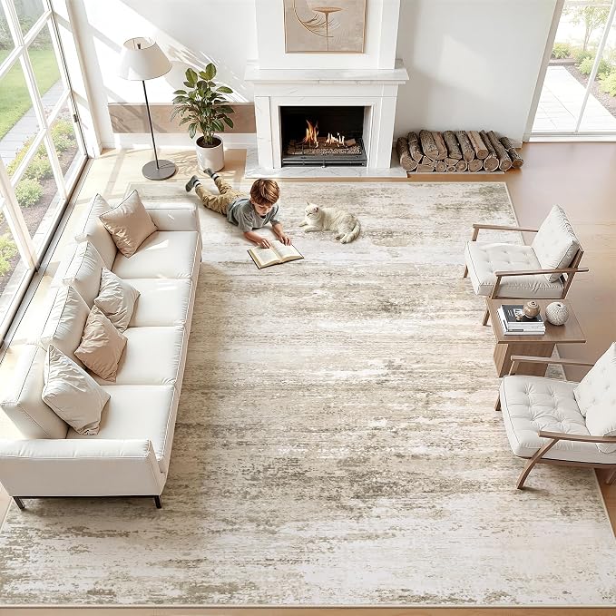 Washable Rug 10x14 Area Rugs for Living Room: Large Neutral Soft Rug Abstract Non Slip Low Pile Modern Carpet for Bedroom Kitchen Nursery Office Dining Room Indoor (Beige, 10'x14')