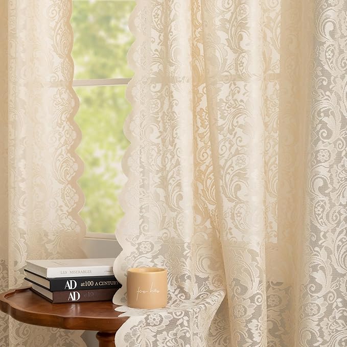 ALIGOGO Beige Curtains 108 Inches Long, Fancy Sheer Floral Lace Curtains for Living Room Bedroom, Light Filtering Rod Pocket Corchet CottageCore Window Treatments Set of 2, 52 x 108 Inch, Light Brown