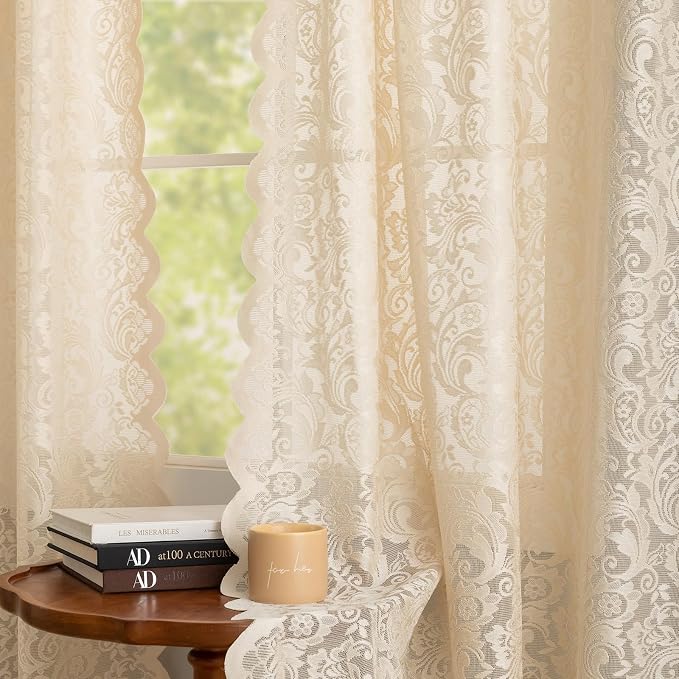 ALIGOGO Beige Floral Curtain for Living Room 80 Inch Length - Rustic Country Lace Crochet Sheer Curtains Embroidered Rod Pocket Privacy Home Decor for Door Window Closet 2 Panels, 52 x 80 Inch