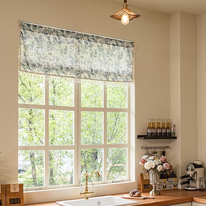 Deeprove Blue Boho Valance Curtain 52W x 18L with Tassels Over Sink, Chic Botanic Leaf Kitchen Window Sheer Linen Look Short for Bohamian Cafe Closet Cabinet Farmhouse Country Style Privacy 1 Panel