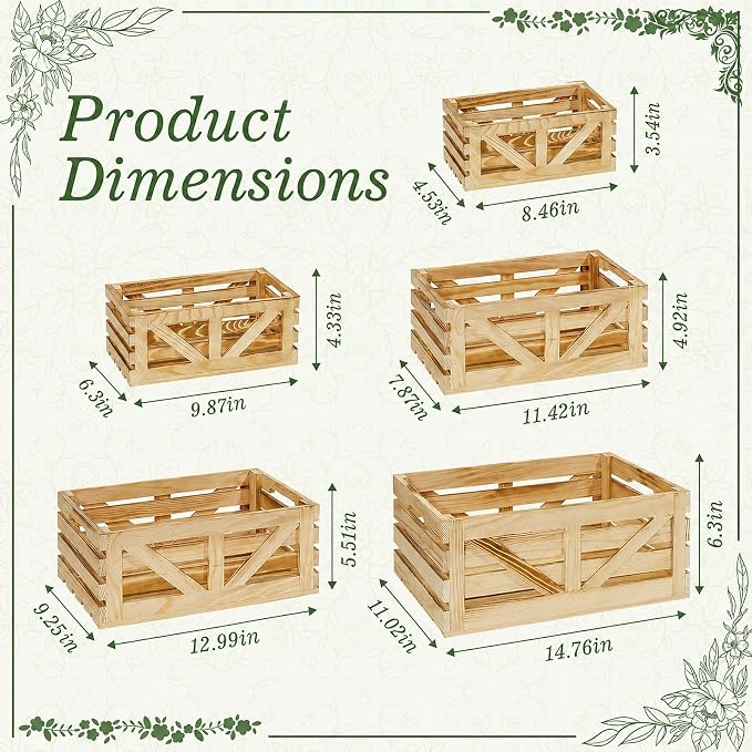 5 Pcs Wooden Crates for Display, Nesting Wood Crate for Storage, 5 Size | Farmhouse Weddings Wooden Basket for Storage Container and Decorations, Rustic Wood Crates for Farmers Market, Birthday, DIY