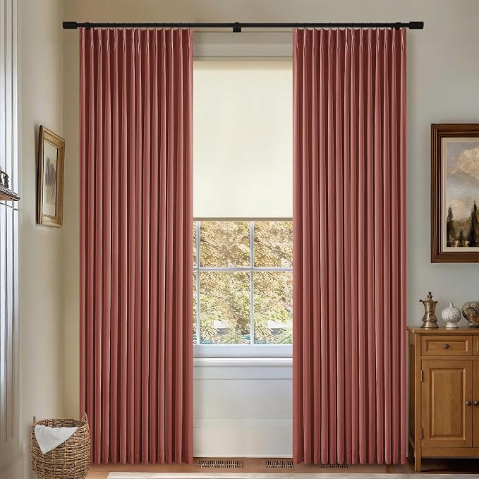 Terracotta Blackout Linen Curtains 108 Inches Long for Bedroom Pinch Pleated Black Out Curtains Lined 2 Layers Memory Shape Noise Reducing Rustic Farmhouse Fall Living Room Darkening Window Drapes