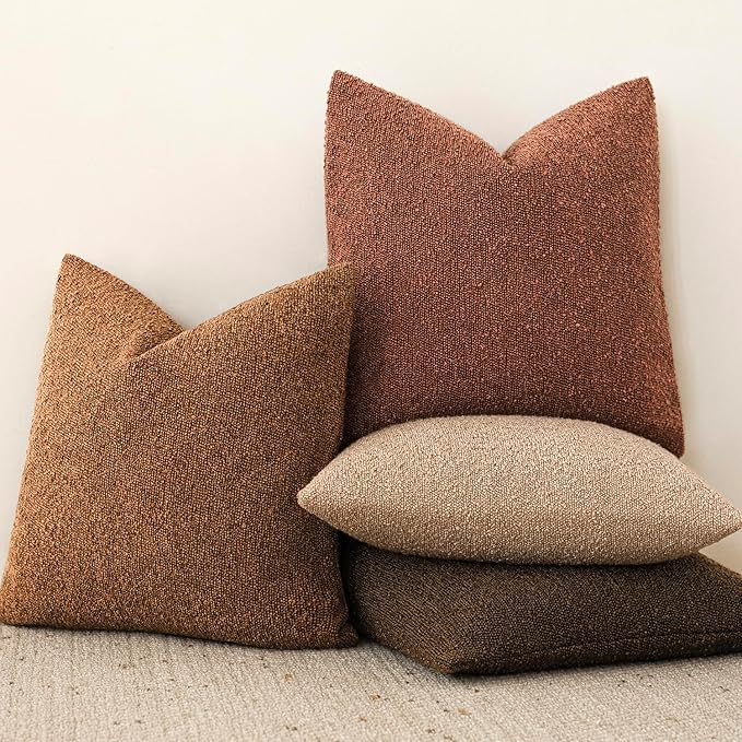 Foindtower Pack of 2, Decorative Textured Boucle Throw Pillow Covers Neutral Accent Solid Pillow Cases Cozy Soft Couch Cushion Case for Chair Sofa Bedroom Living Room Home Decor 22x22 Inch Hazel Brown