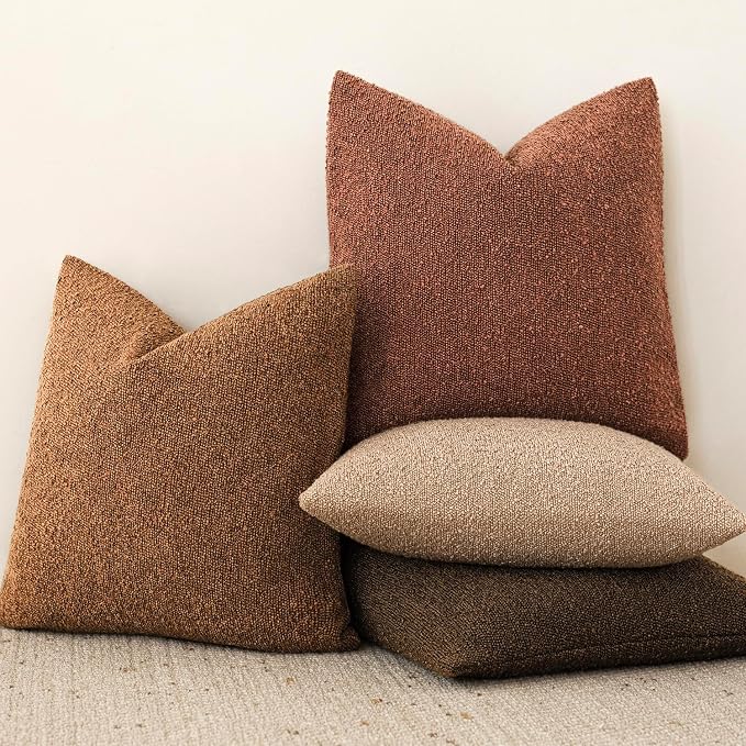 Foindtower Set of 2, Decorative Textured Boucle Throw Pillow Covers Accent Solid Pillow Cases Neutral Soft Cozy Couch Cushion Case for Chair Sofa Bedroom Living Room Home Decor 16x16 Inch Hazel Brown