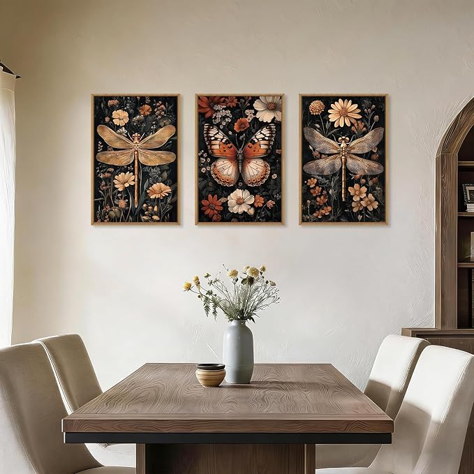 Large Vintage Butterfly Dragonfly Framed Canvas Wall Art Set,Retro Dark Academia Animal Floral Botanical Wall Decor,Moody Insect Wildflower Artwork for Living Room,Bedroom,Farmhouse-16 x24 x3
