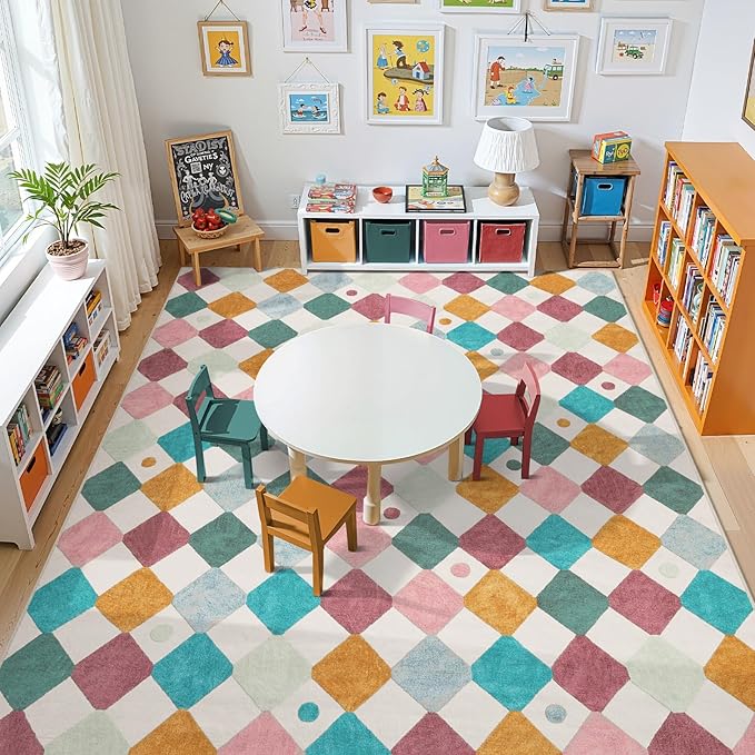 jinchan Macy 8x10 Kids Area Rug for Classroom Modern Colorful Nursery Rug Checkered Diamond Play Mat Washable Soft Non Slip Carpet for Playroom Living Room Bedroom Daycare Confetti on Cream