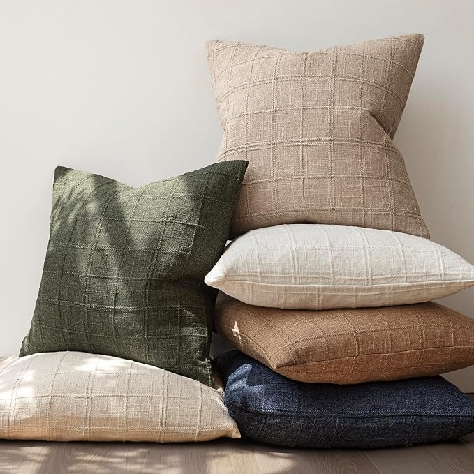 Foindtower Set of 2 Decorative Linen Check Throw Pillow Covers Neutral Farmhouse Lumbar Cushion Covers Modern Coastal Boho Home Decor for Sofa Chair Couch Bedroom Living Room,12×20 Inch,Camel