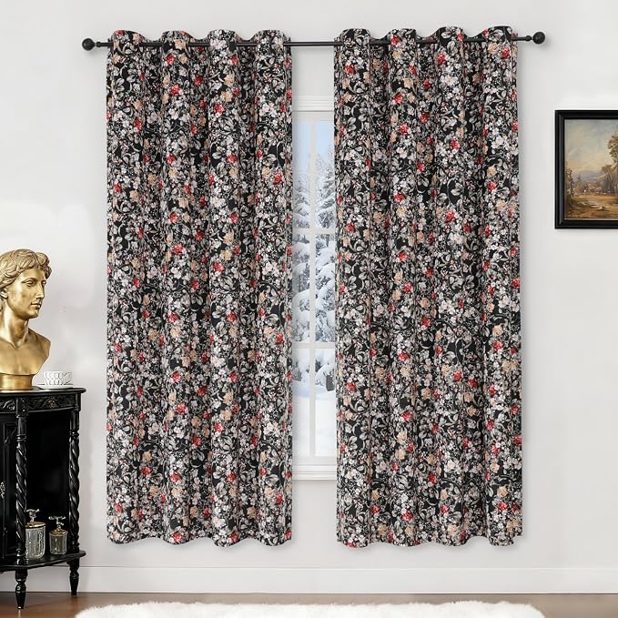 Estelar Textiler Black Vintage Boho Velvet Floral Printed Blackout Curtains 72 Inches Long for Bedroom, Luxury Thermal Insulated Light Blocking Curtains & Drapes for Living Room, W52 x L72, 2 Panels
